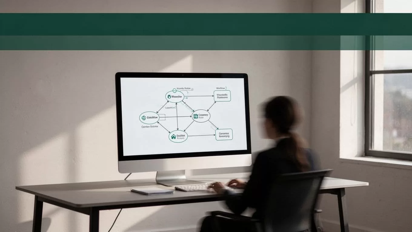 Monitor showing workflow nodes in a modern office with one blurred person.