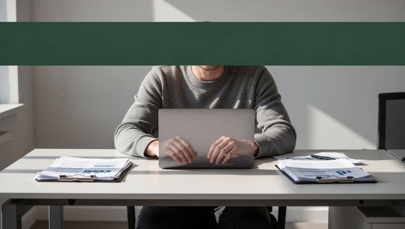 A person works at a desk beneath an AUTOMATE WORKFLOWS banner.