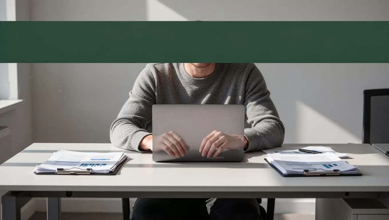 A person works at a desk beneath an AUTOMATE WORKFLOWS banner.