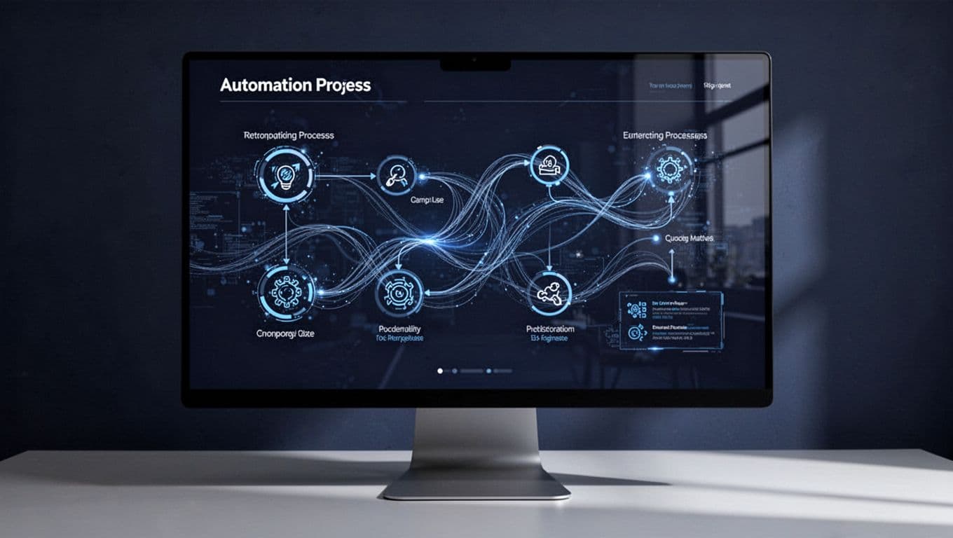 A monitor shows an indigo dashboard with connected automation workflow steps.