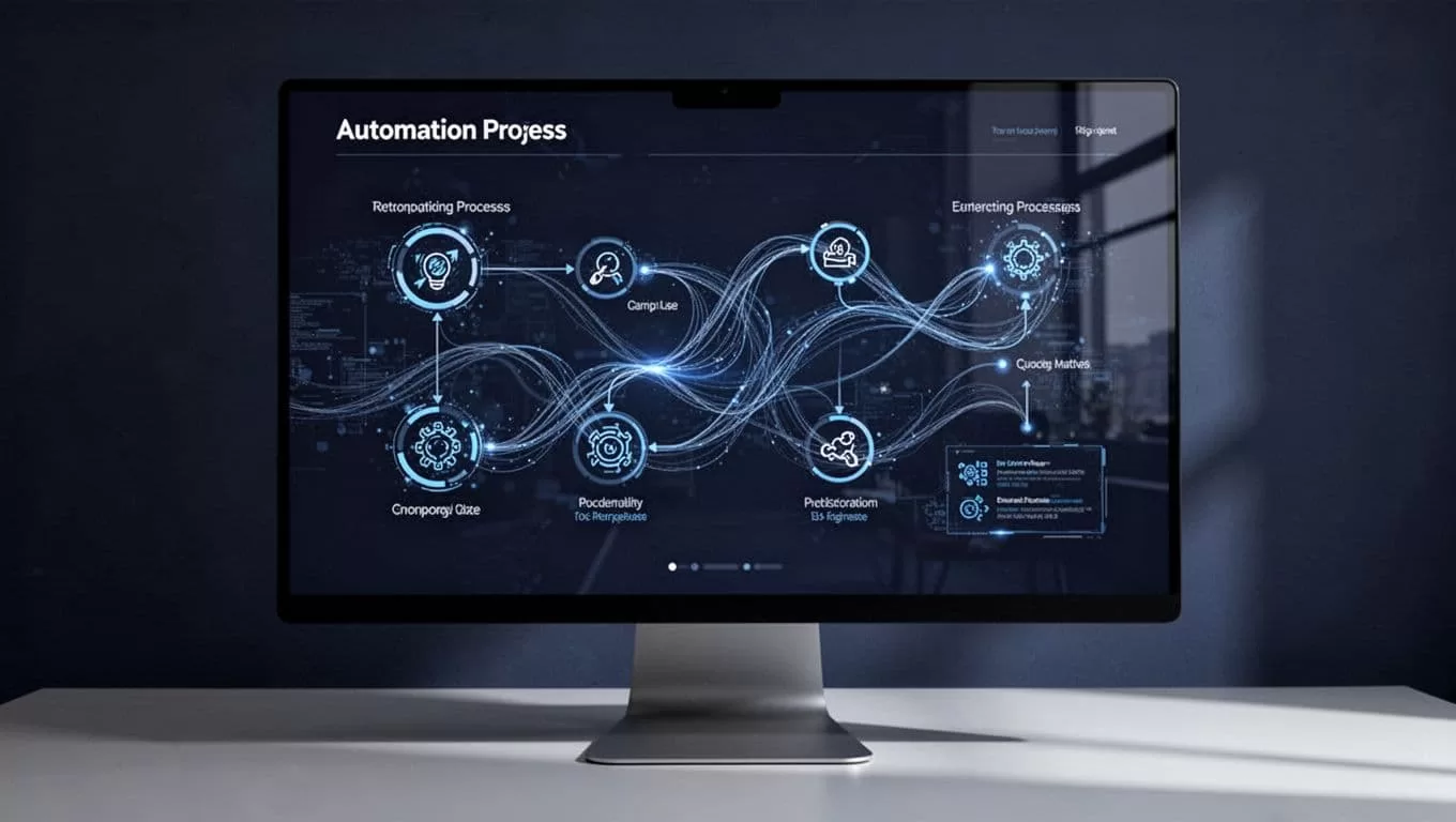 A monitor shows an indigo dashboard with connected automation workflow steps.