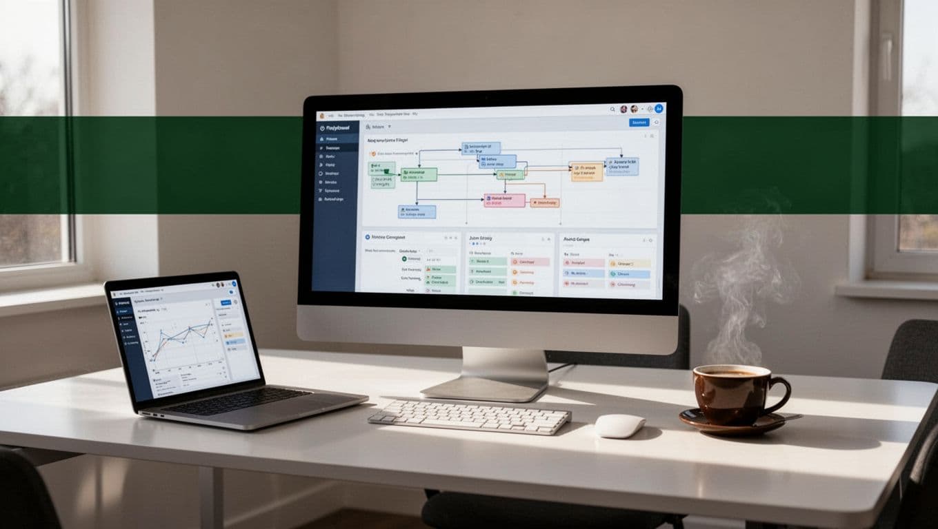 A monitor shows a workflow dashboard beside a laptop, keyboard, and coffee cup.