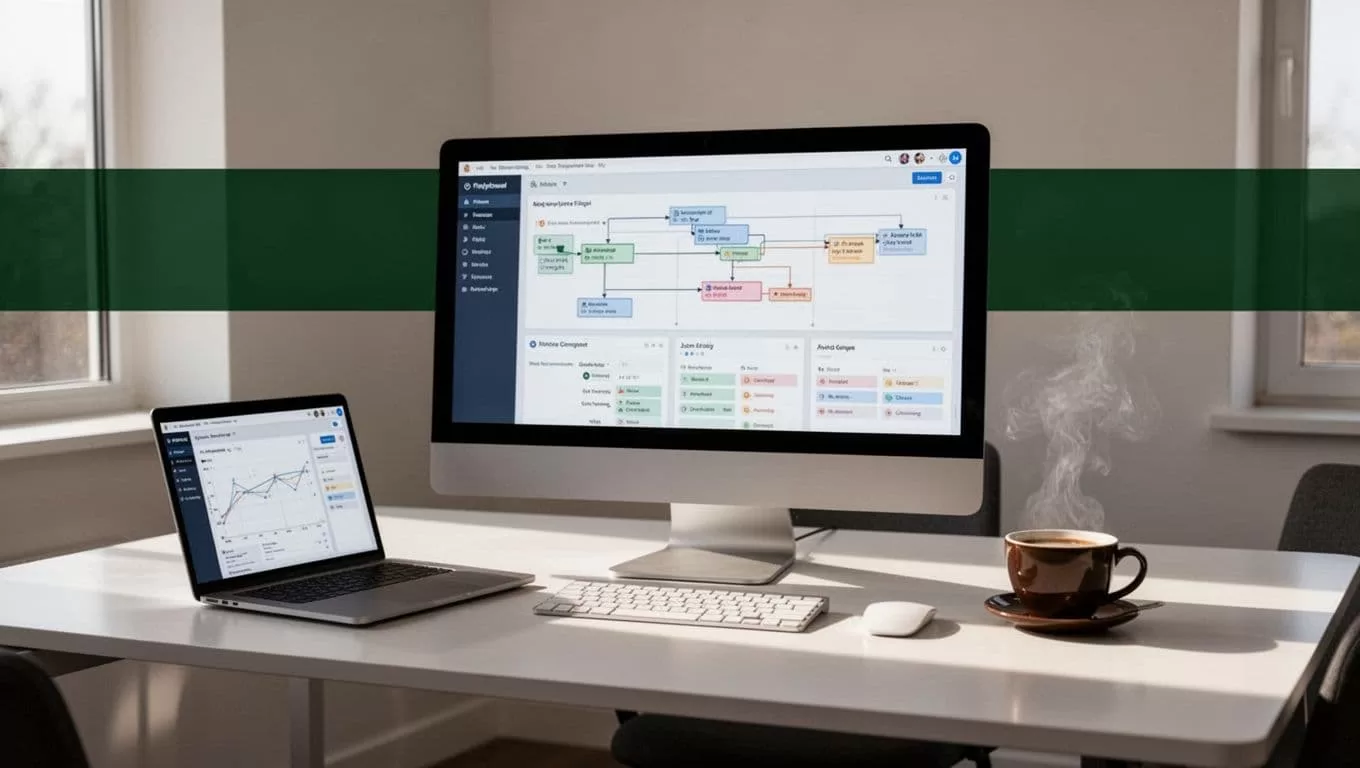 A monitor shows a workflow dashboard beside a laptop, keyboard, and coffee cup.