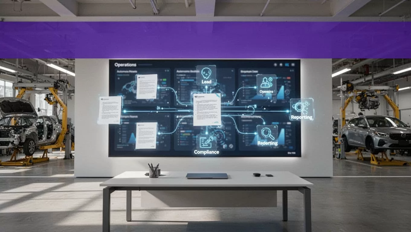 Central dashboard connected to dealer documents, leads, compliance files, and reports.