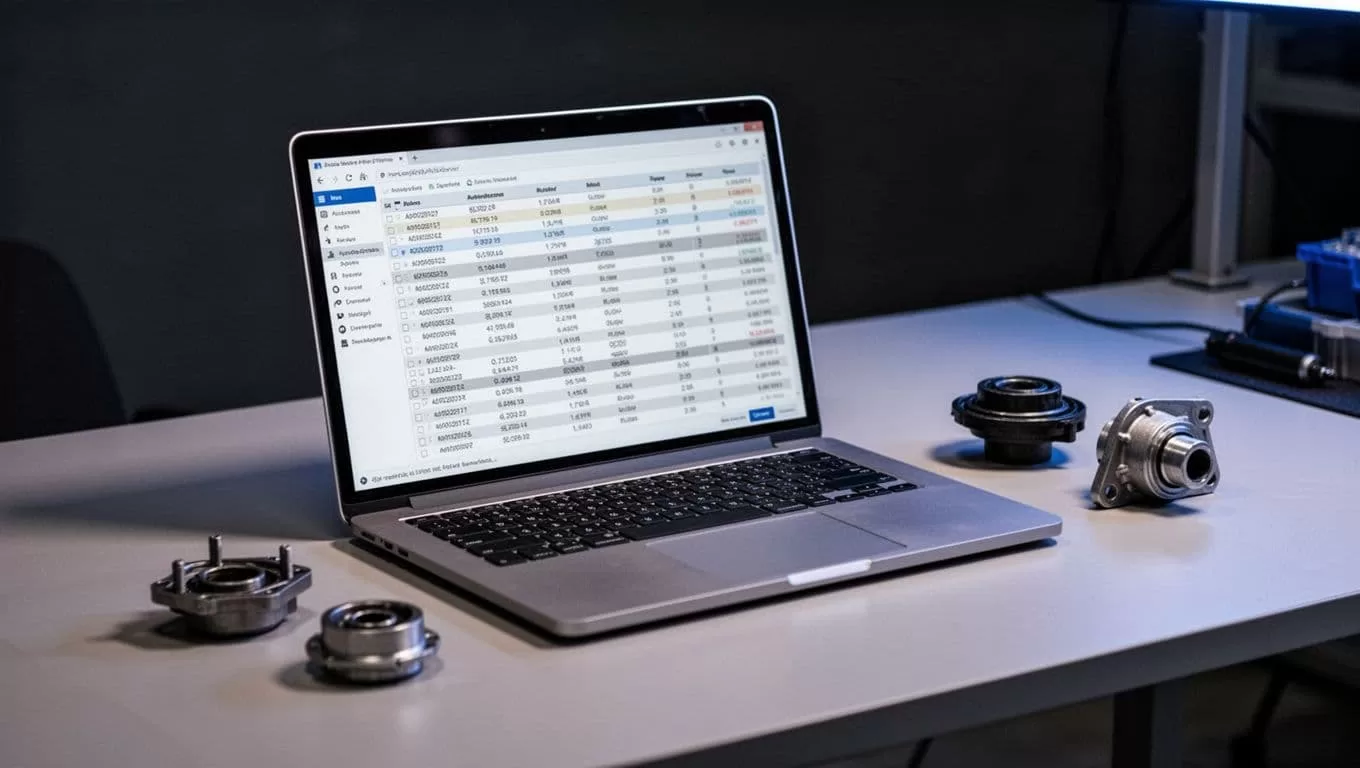 Laptop showing vehicle-parts data checks beside automotive samples.
