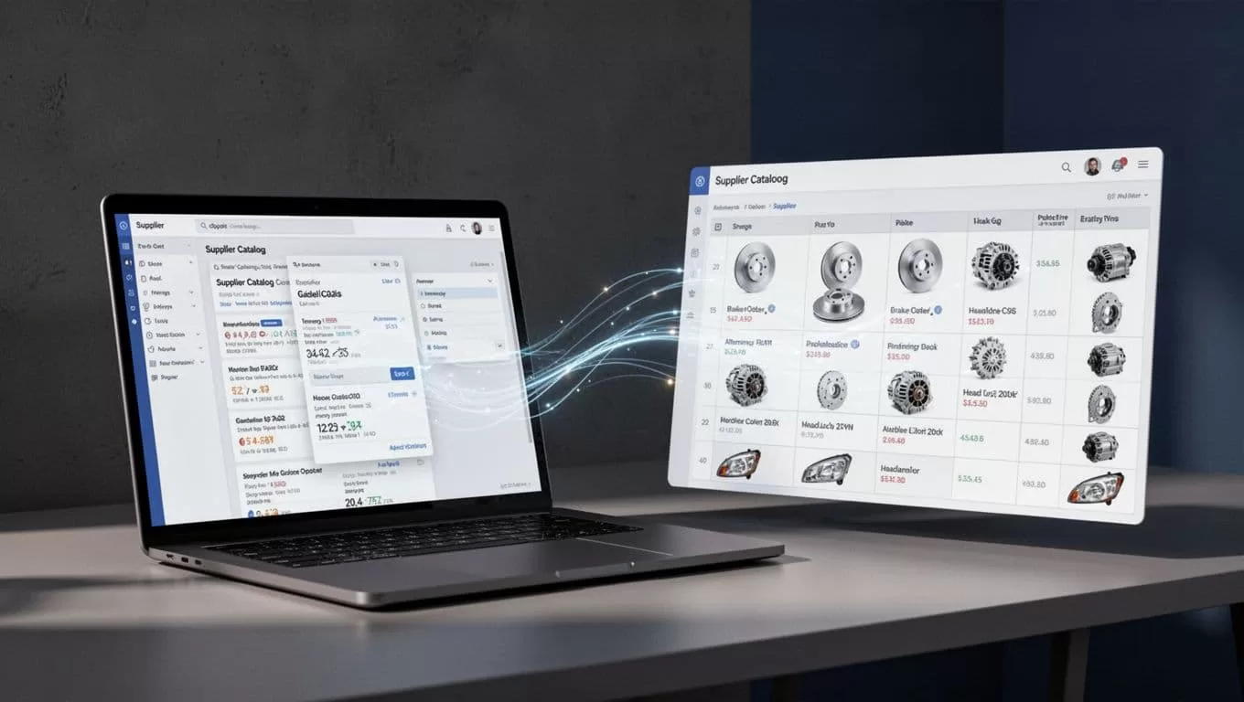 Catalog pages flow into organized automotive parts inventory rows beside a laptop.