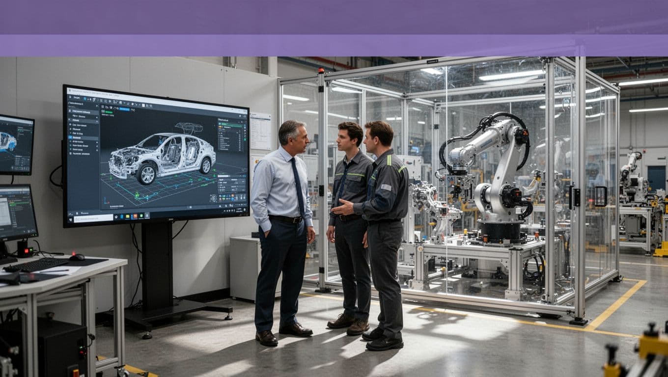 Two professionals review a robotic assembly simulation beside a factory production cell.