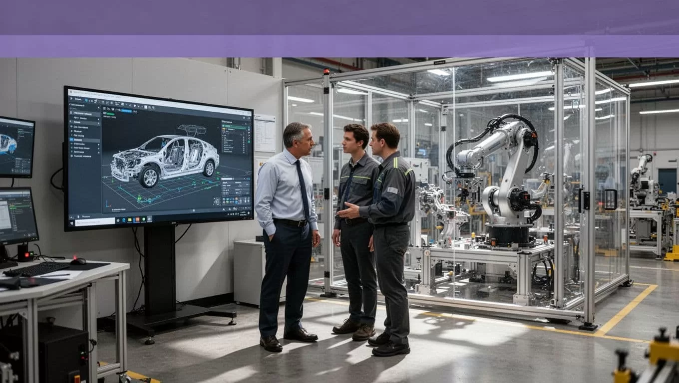 Two professionals review a robotic assembly simulation beside a factory production cell.