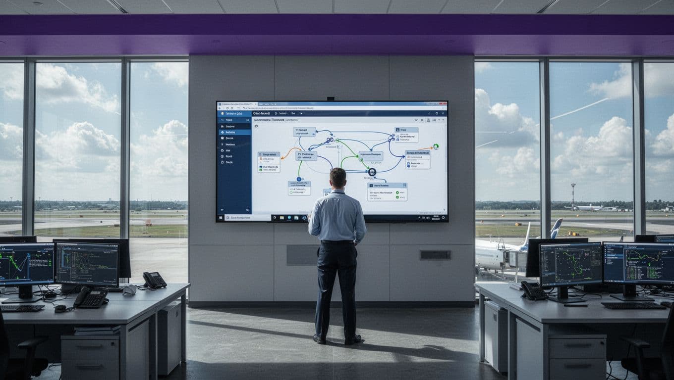 An aviation manager reviews a turnaround workflow beside runway-facing windows.