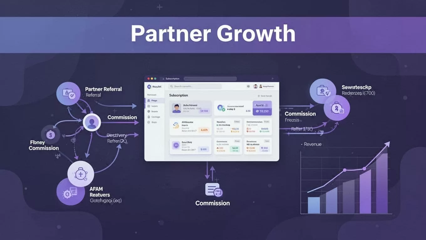 A SaaS dashboard showing partner referrals, commissions, and recurring revenue.