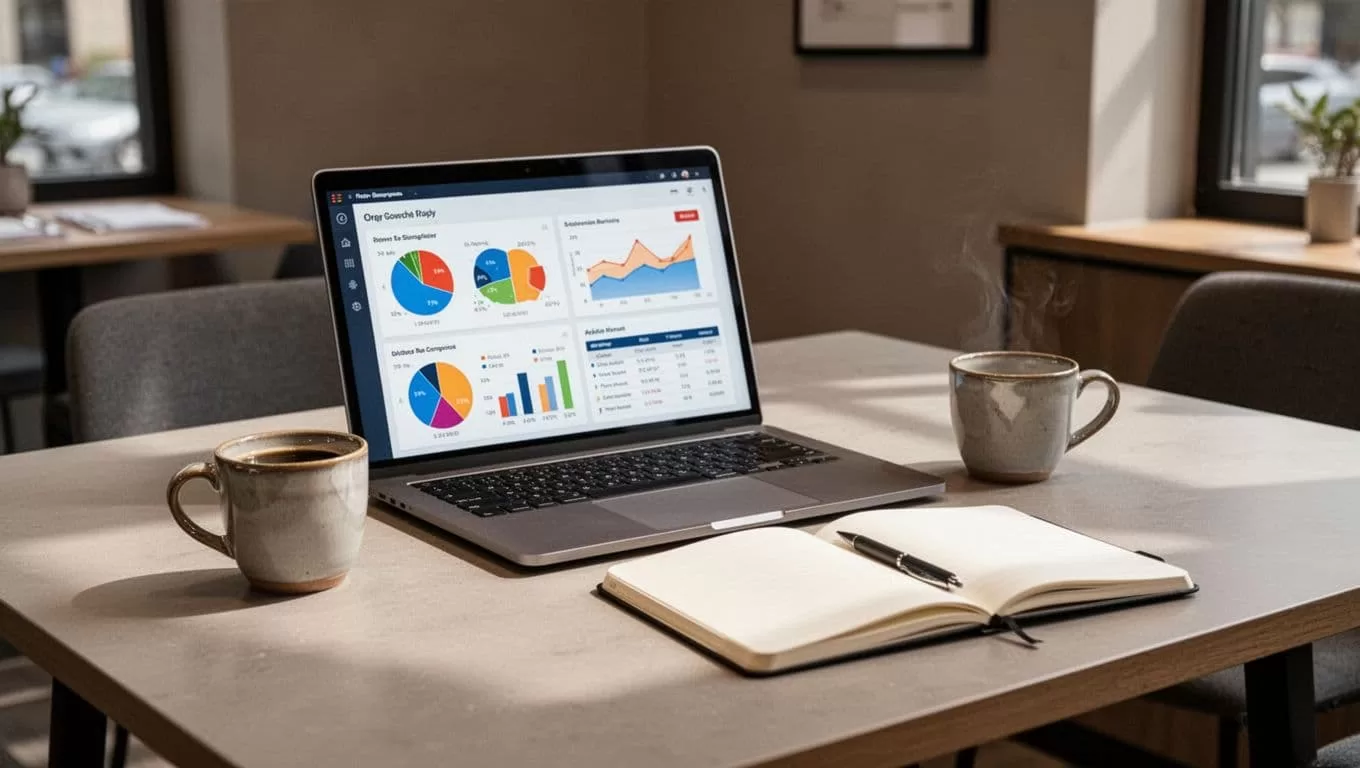 A desk with one laptop showing charts, a coffee cup, and notebook beneath a Back Office heading.