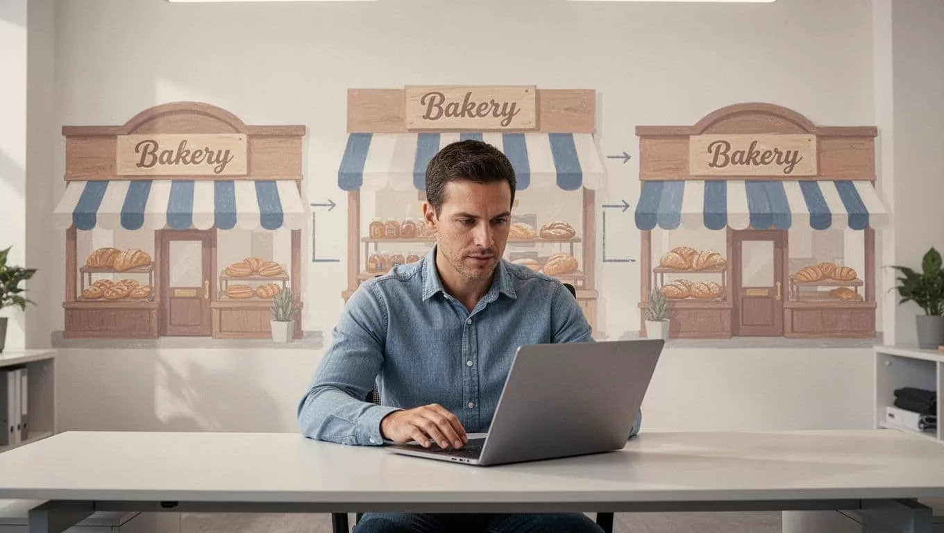 One person with a laptop connects three bakery locations under an indigo banner.