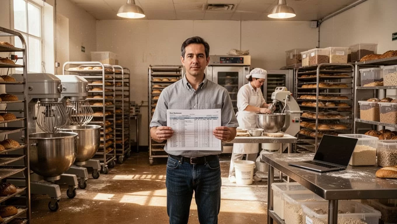 A bakery manager reviews a plan while one baker works near production equipment.