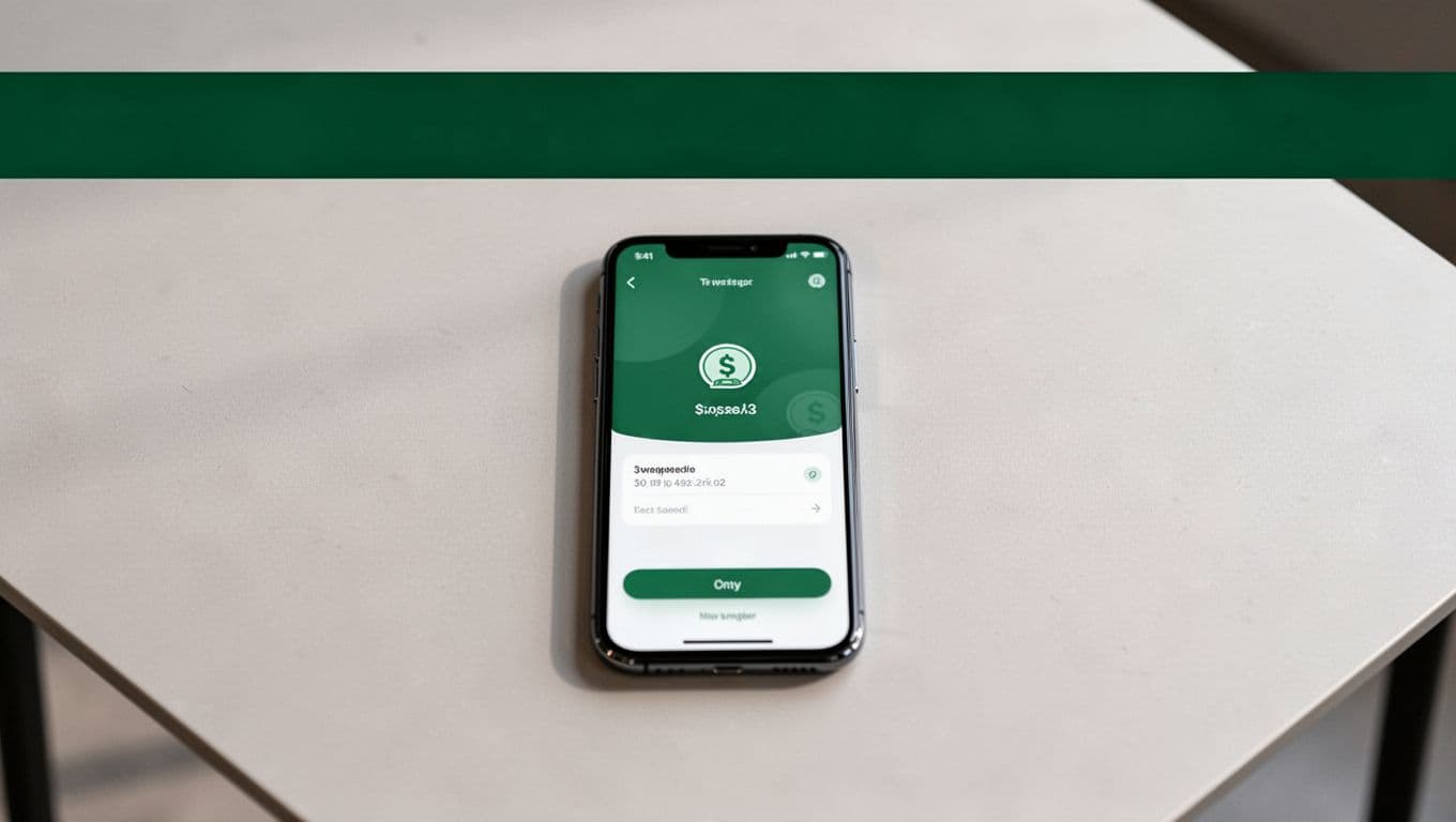 A smartphone showing a money transfer app sits below a dark-green BANK TRANSFER banner.