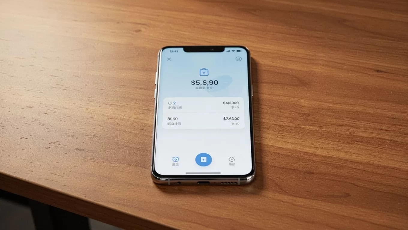 A smartphone showing a bank transfer app on a wooden desk below a green Bank Deposit banner.
