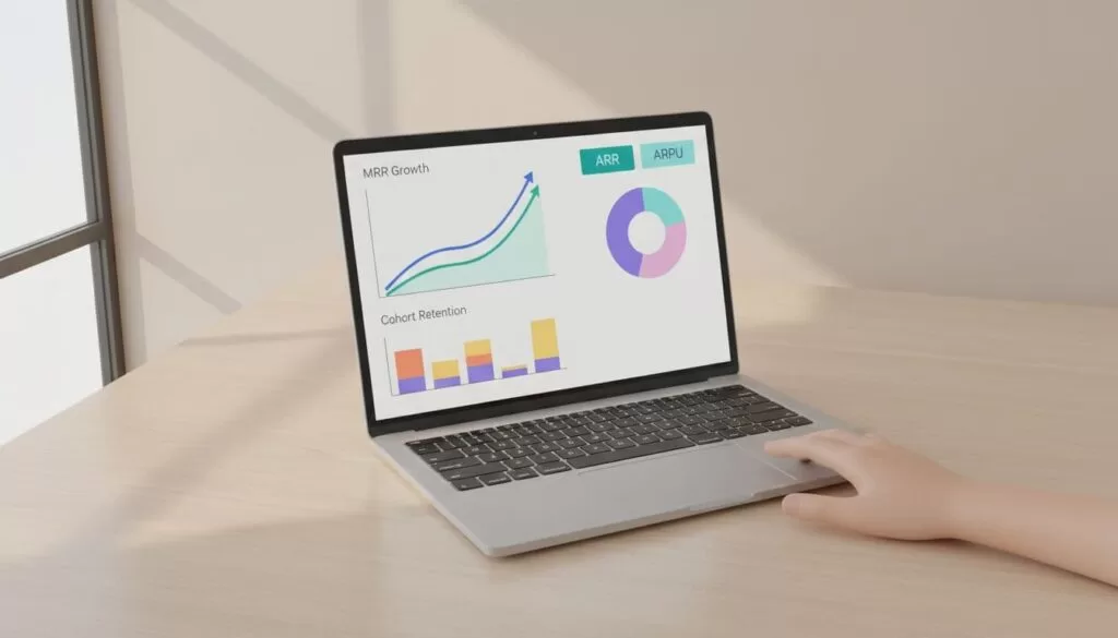 Modern illustration of a sleek laptop on a modern office desk displaying Baremetrics dashboard with MRR growth line chart, cohort retention bar chart, churn breakdown pie chart, and ARR/ARPU metric cards. Soft natural lighting from top-down slight angle view with neutral background.