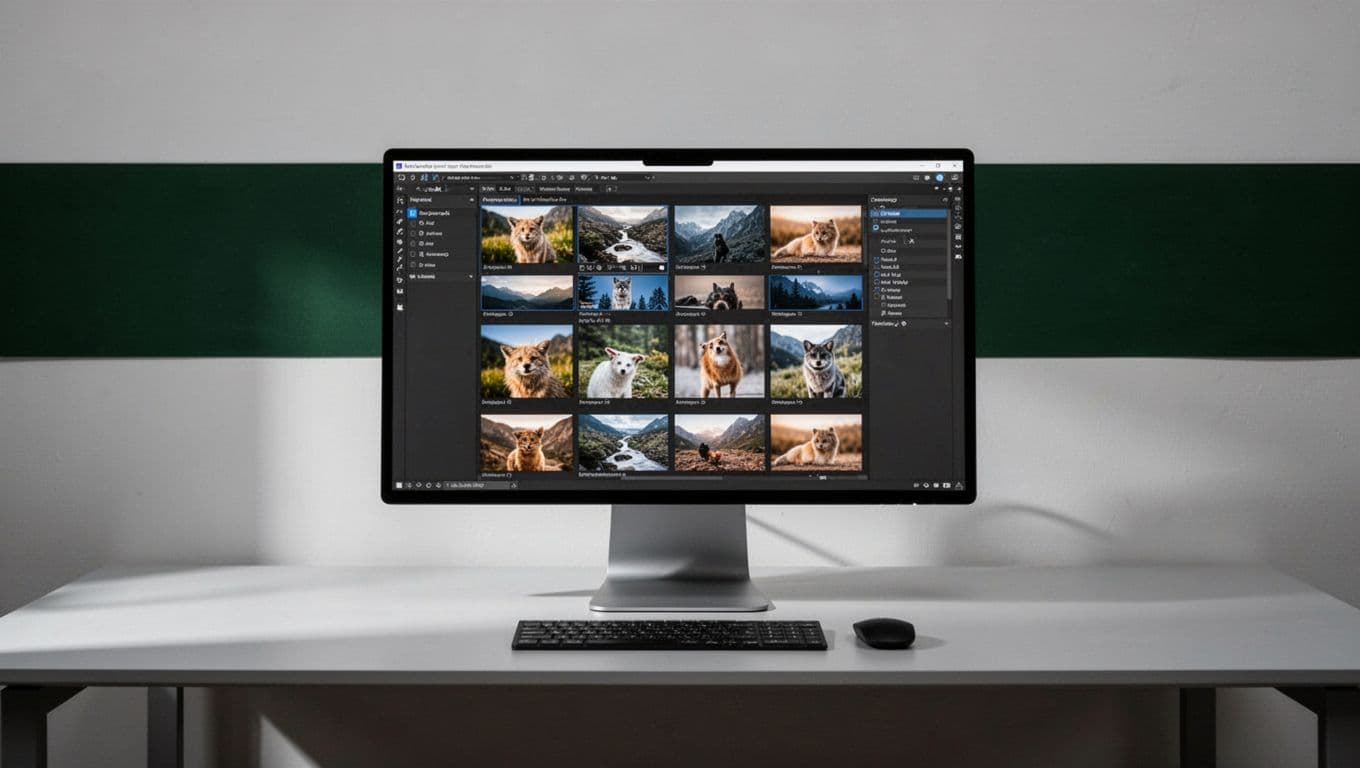 A monitor shows image thumbnails in a batch-processing workspace.