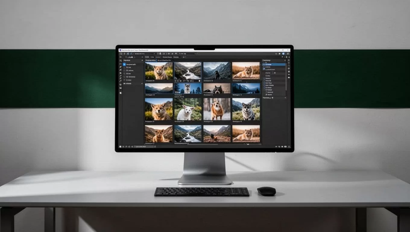 A monitor shows image thumbnails in a batch-processing workspace.