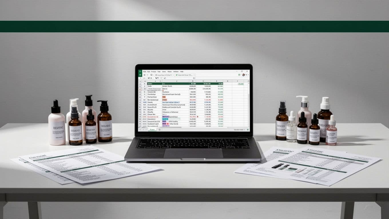 Beauty products arranged on a desk beneath a dark-green Data Extraction headline.
