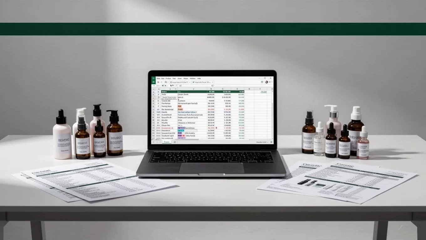 Beauty products arranged on a desk beneath a dark-green Data Extraction headline.