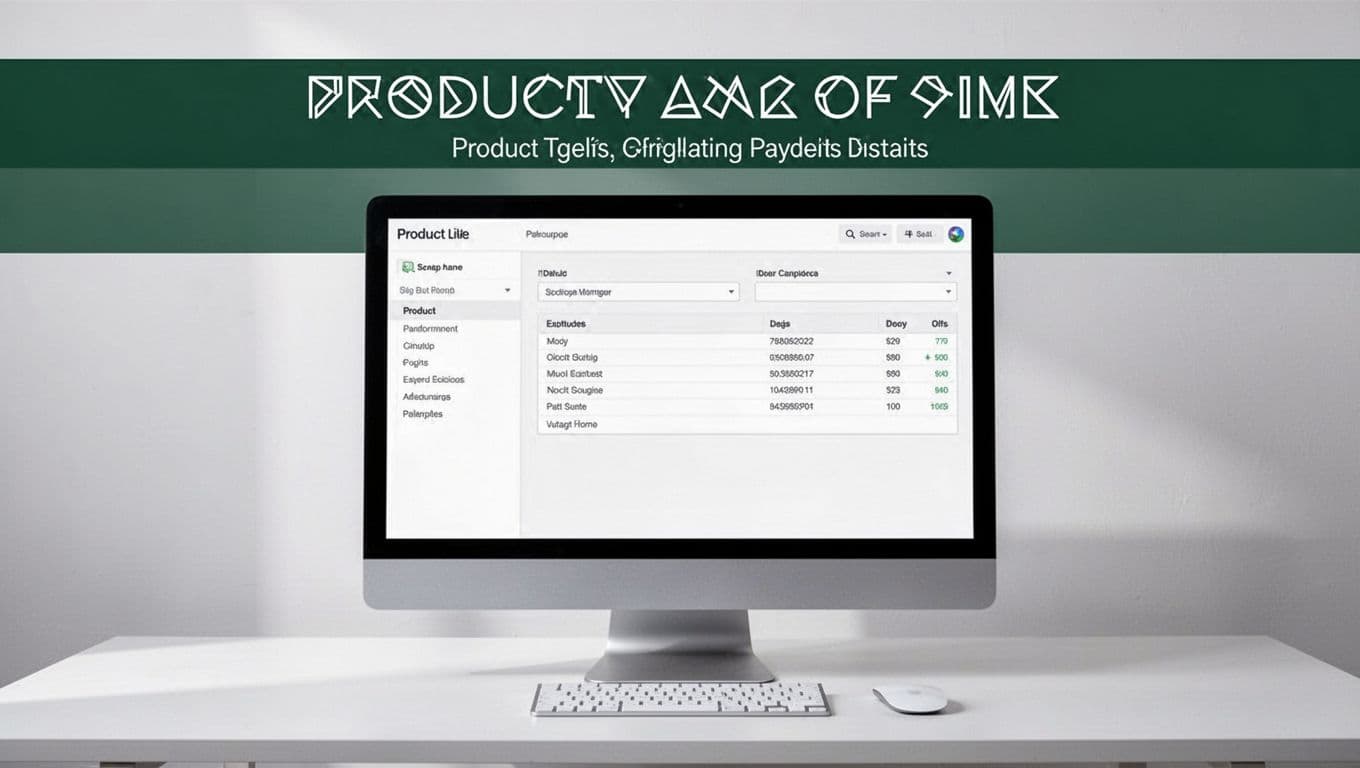 A monitor shows organized beauty product fields on a clean desk.