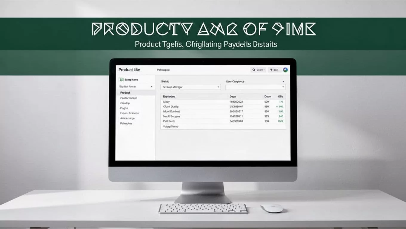 A monitor shows organized beauty product fields on a clean desk.