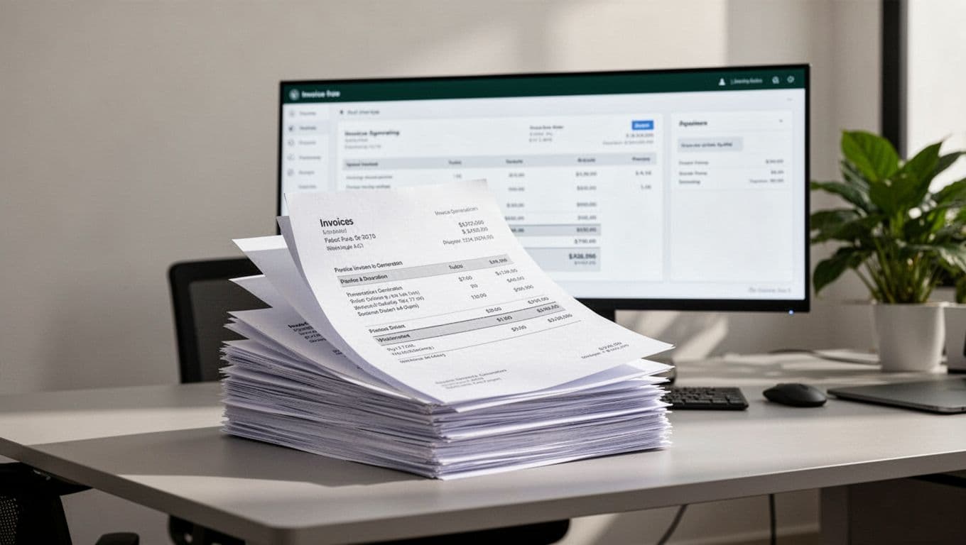 Billing interface with financial documents arranged on a desk beneath a green Billing Run header.