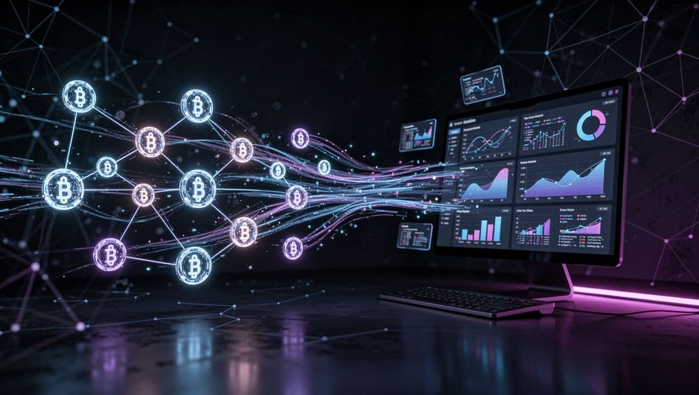 Dark blockchain network with connected nodes and abstract analytics panels.