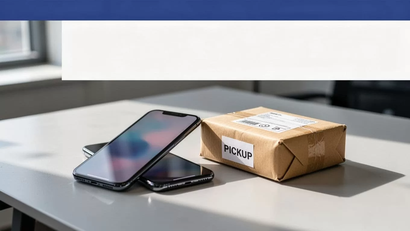 A smartphone and parcel sit together on a bright office table beneath a blue headline band.