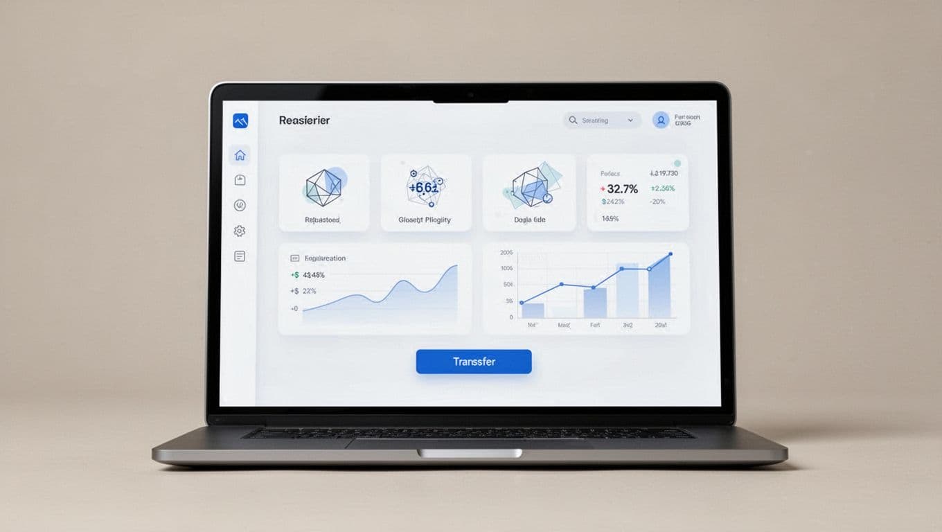 A desktop dashboard for sending money beneath a bold indigo headline band.