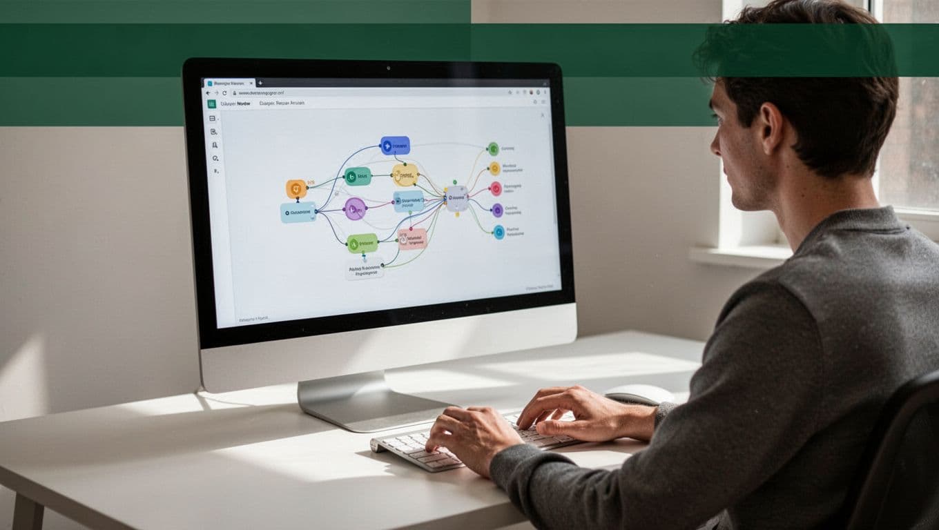 One person views a booking workflow chart on a computer at a clean desk.