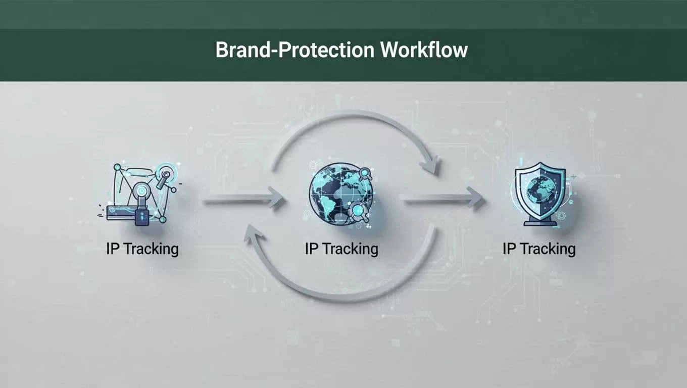 Vector illustration of a brand protection workflow with tracking and legal document icons.