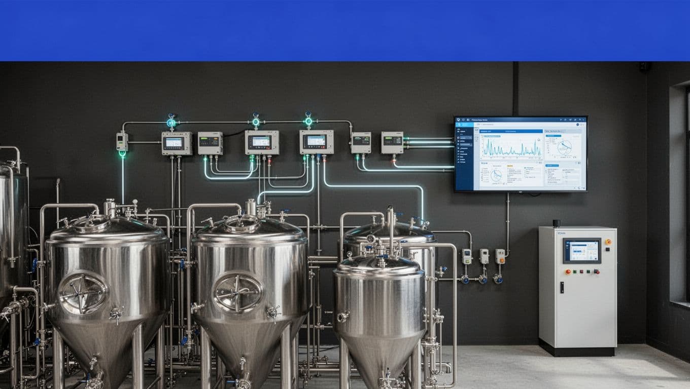 Fermentation tanks connect to sensors, a PLC cabinet, and an operations dashboard.