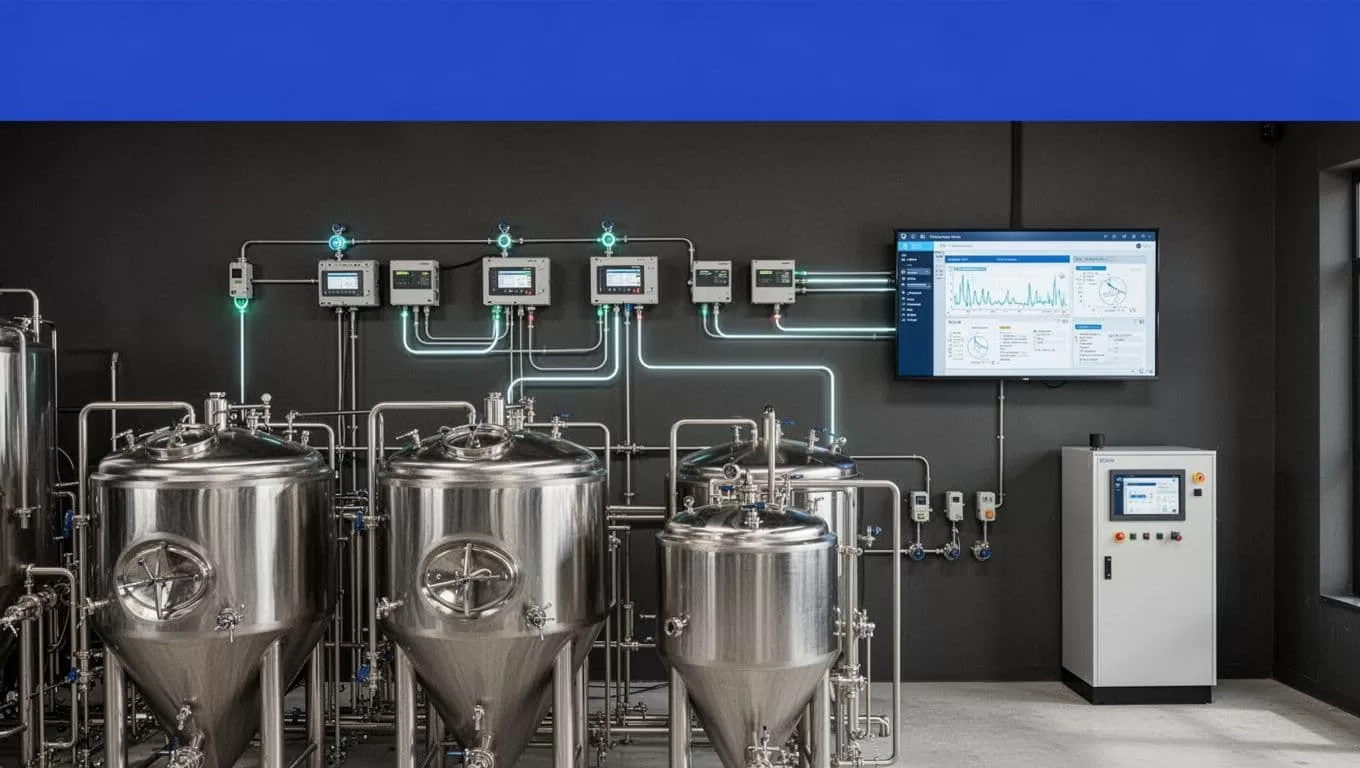 Fermentation tanks connect to sensors, a PLC cabinet, and an operations dashboard.