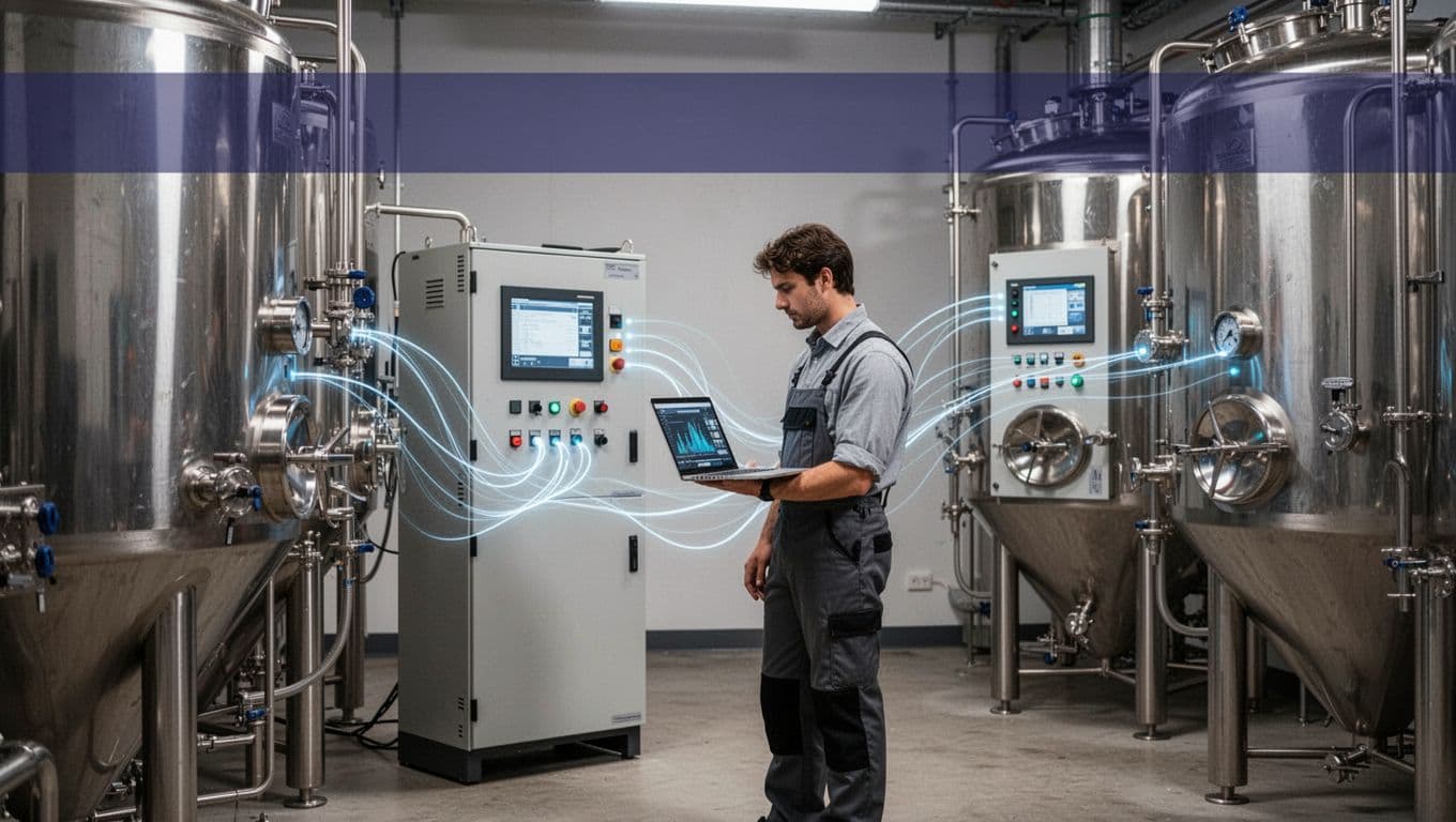Engineer reviewing a laptop beside brewery tanks and a fermentation control cabinet.