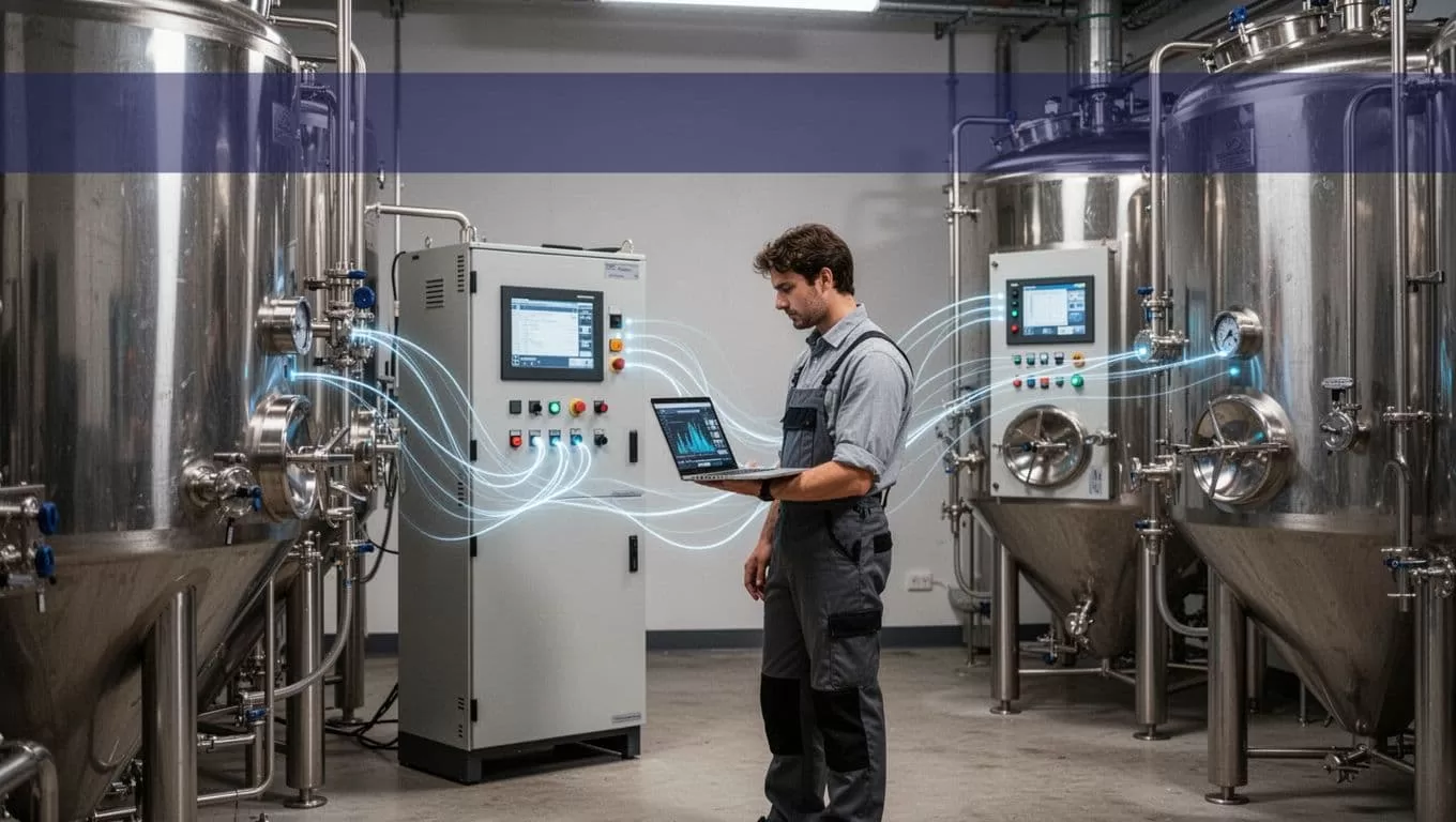 Engineer reviewing a laptop beside brewery tanks and a fermentation control cabinet.
