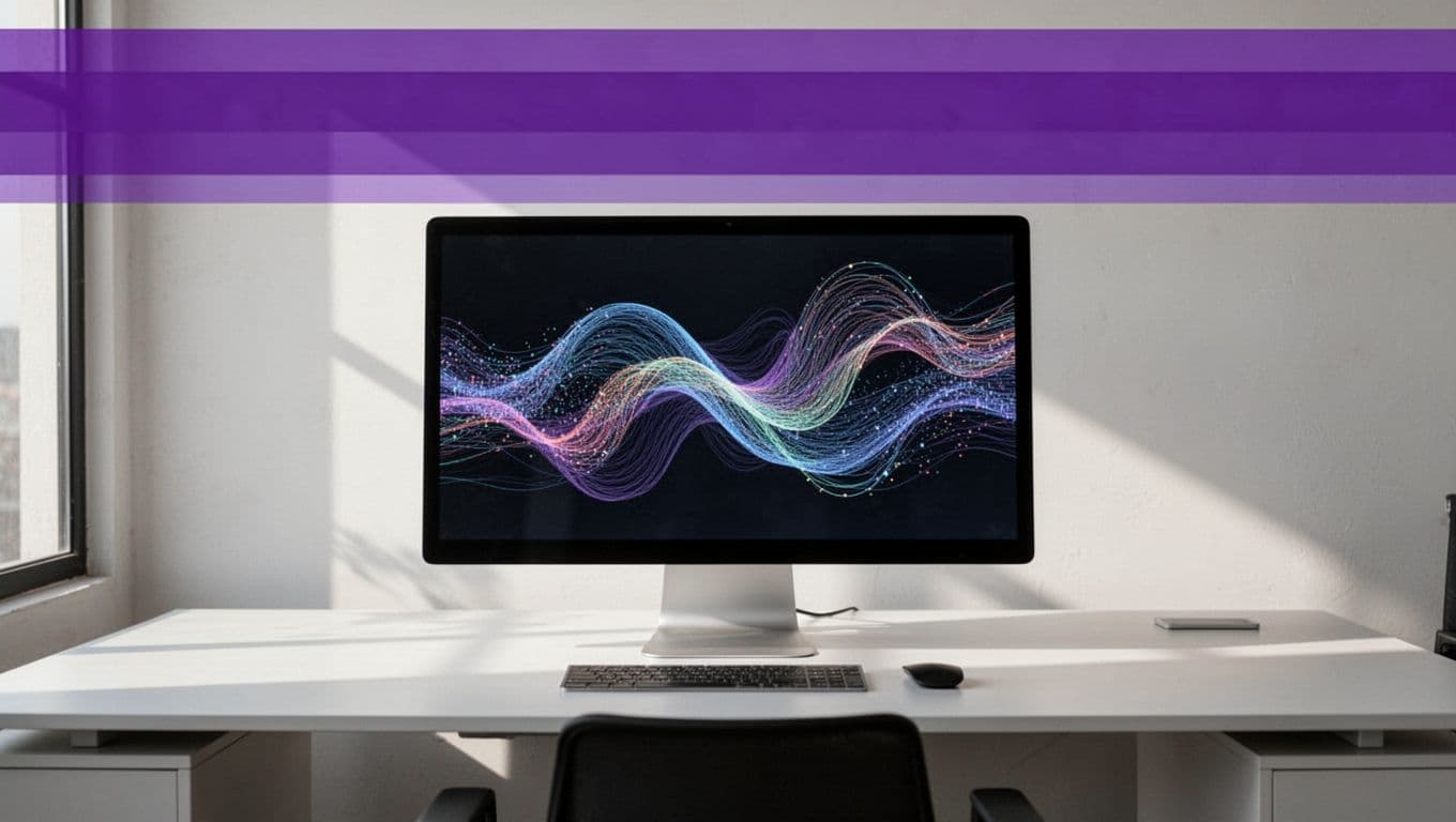 An indigo headline band sits above a desk with a monitor showing abstract data flow.