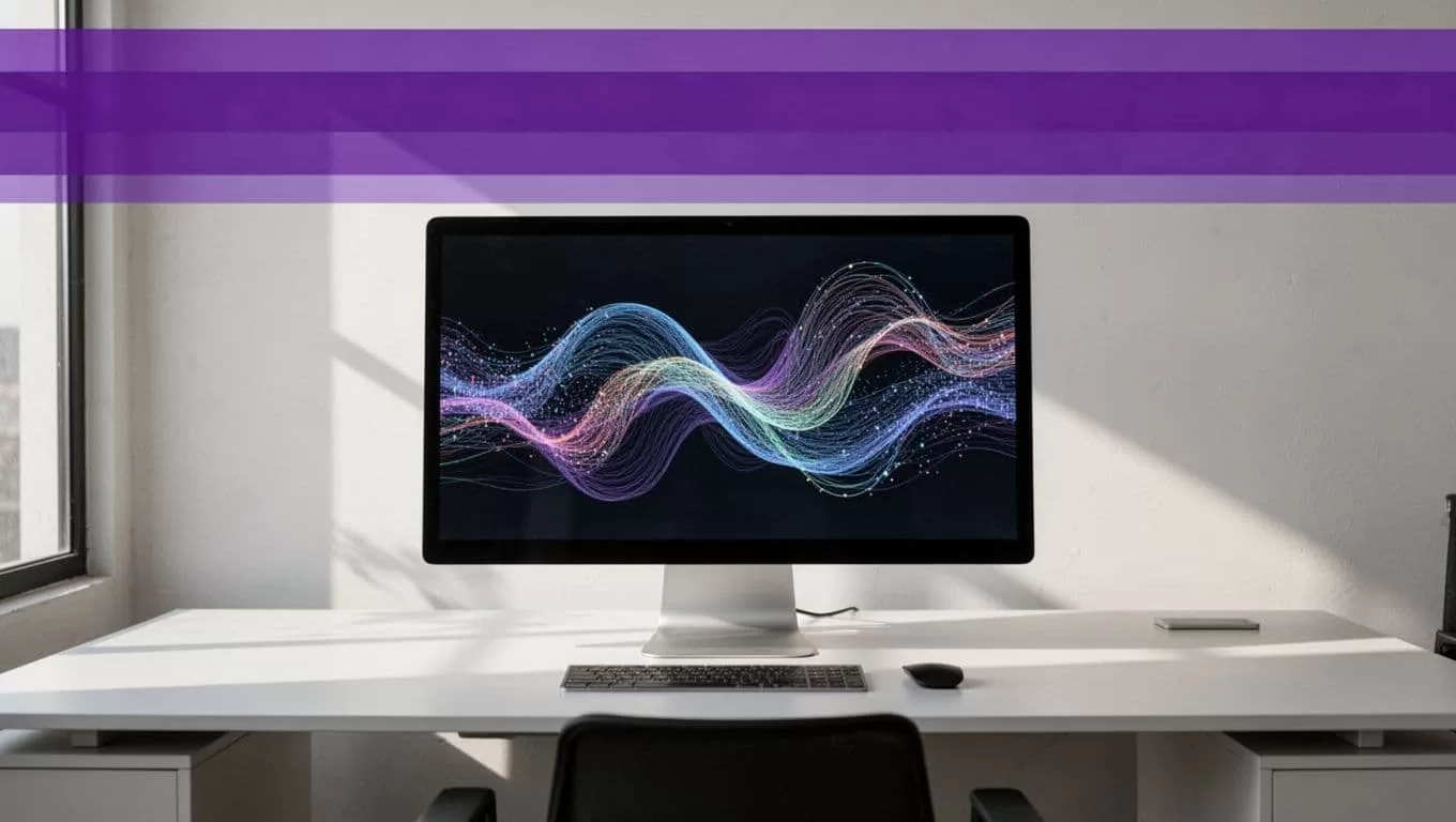 An indigo headline band sits above a desk with a monitor showing abstract data flow.