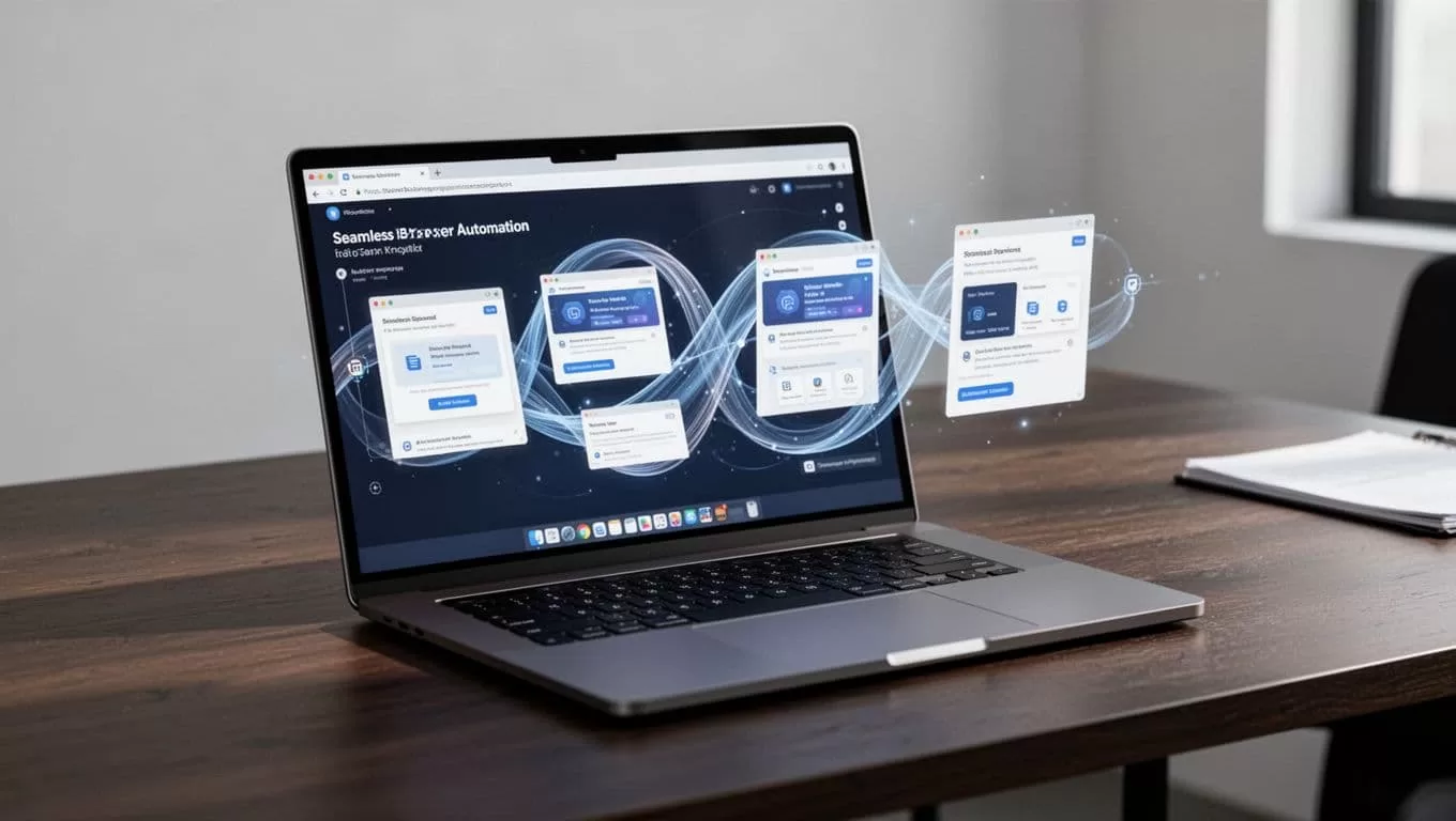 Laptop displaying a browser automation workflow on a dark wooden desk.