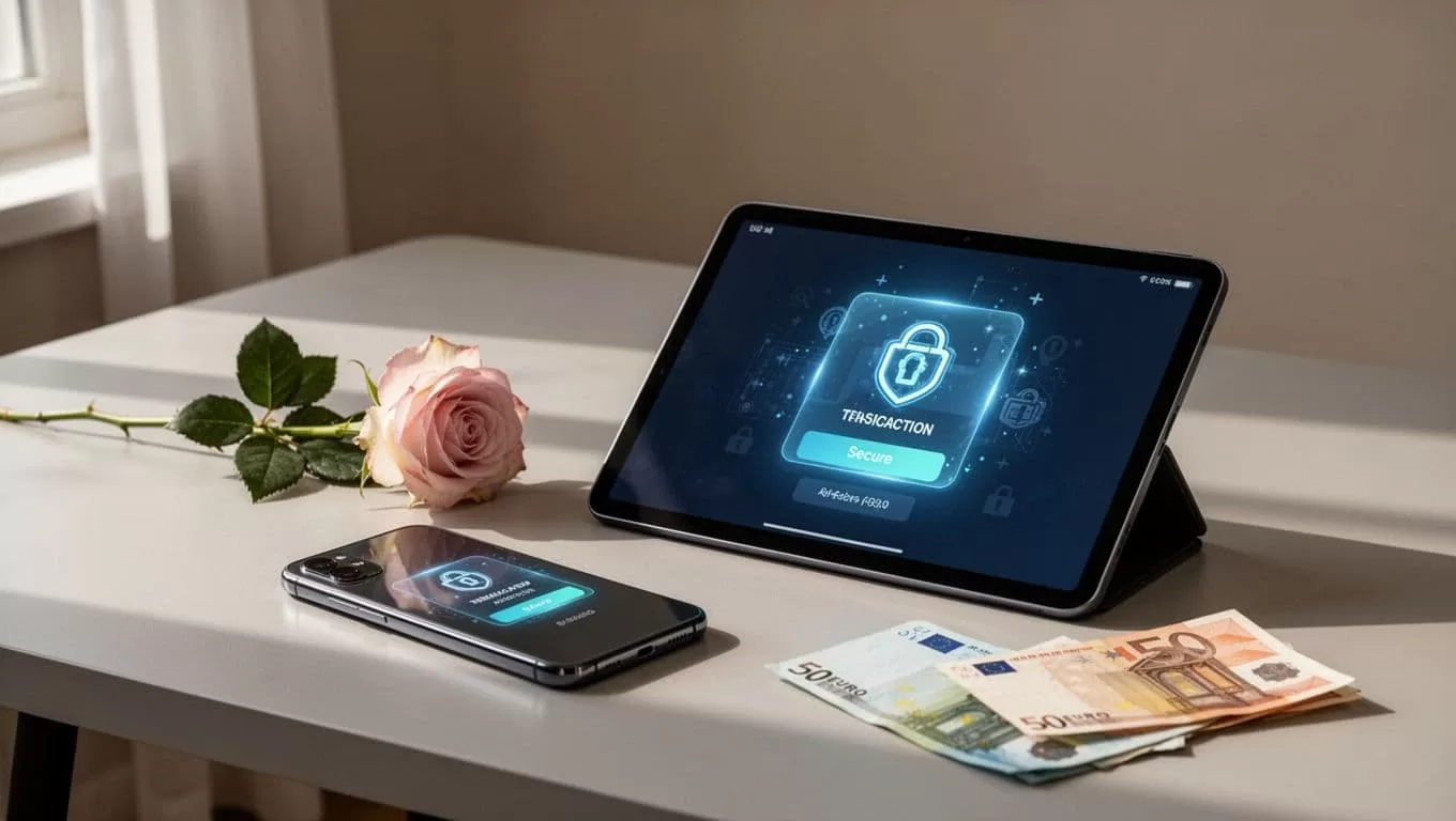 A smartphone beside euro banknotes and a Bulgarian rose on a clean desk.