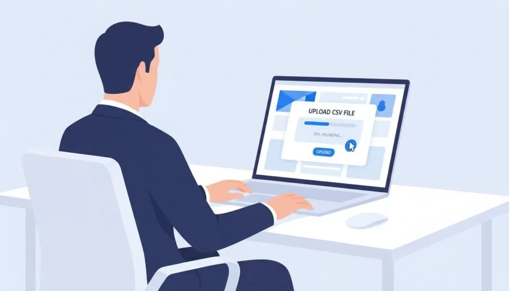 Modern illustration of a business professional at an office desk uploading a CSV file of email lists to the Hunter.io email verification dashboard on a laptop, showing 50% upload progress. Clean blue and white design with focus on hands near keyboard and mouse on the upload button.