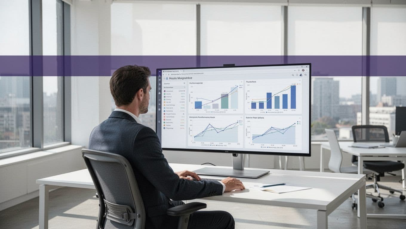 A business analyst reviews dashboards on a monitor in a bright office.
