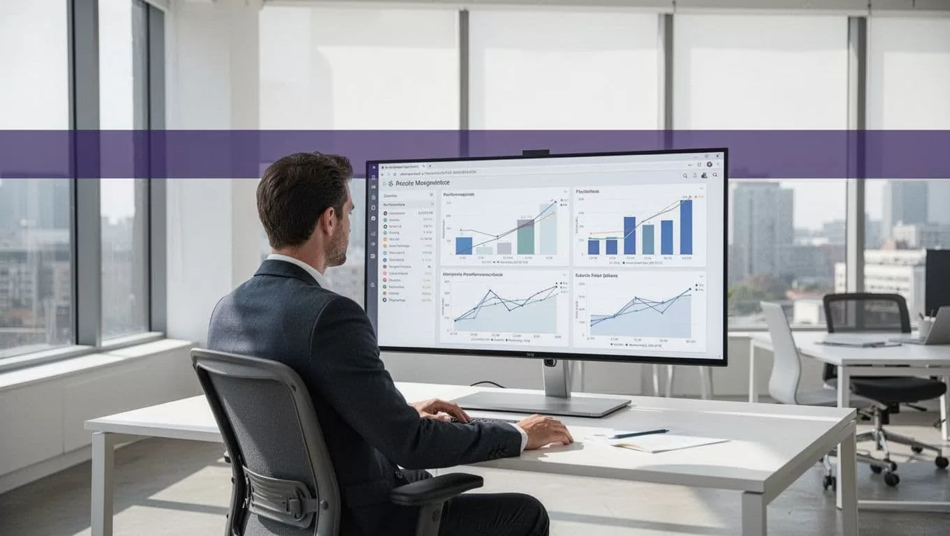 A business analyst reviews dashboards on a monitor in a bright office.