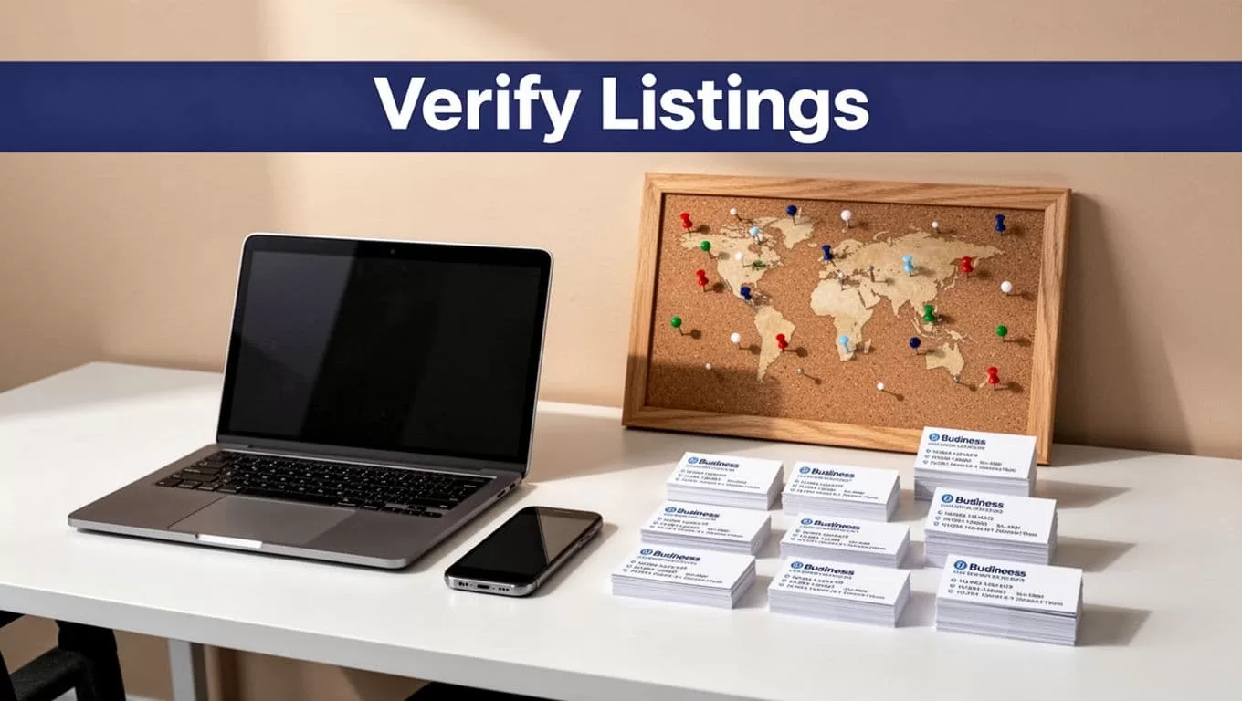 Laptop, phone, map pins, and grouped business listing cards in an organized workspace.