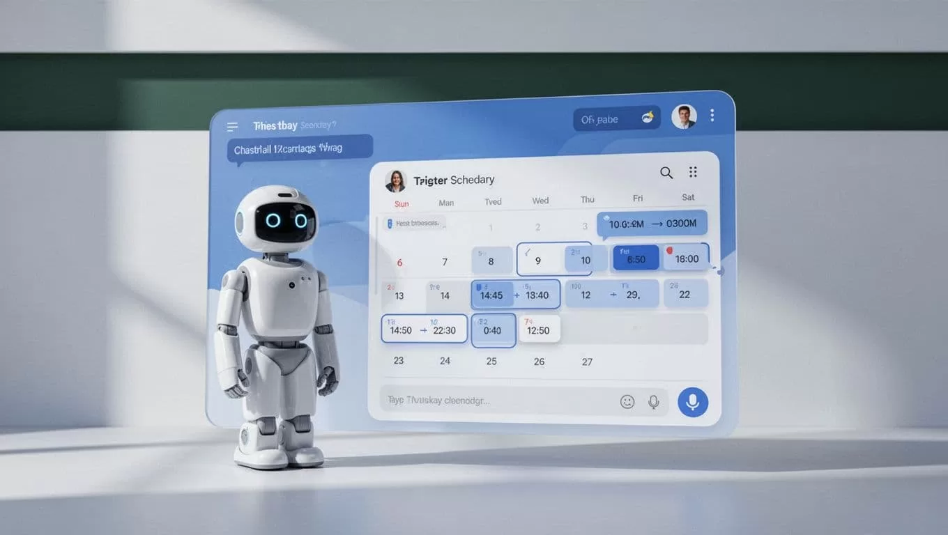 A blue scheduling interface connects a calendar with a chatbot workflow.