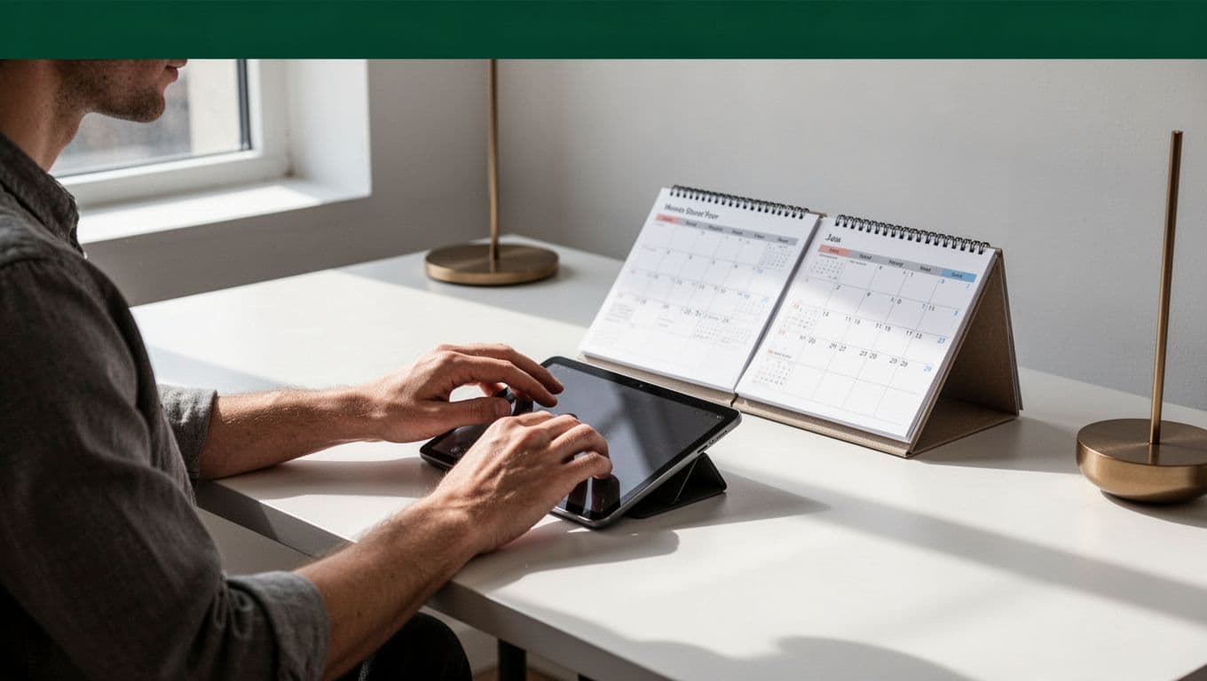 One person views a tablet beside a desk calendar under a Calendar Sync headline.