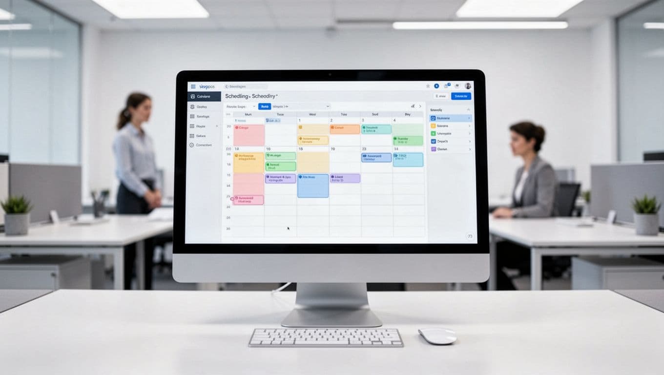 Desktop monitor showing a scheduling calendar beneath a green Setup Workflow banner in a bright office.