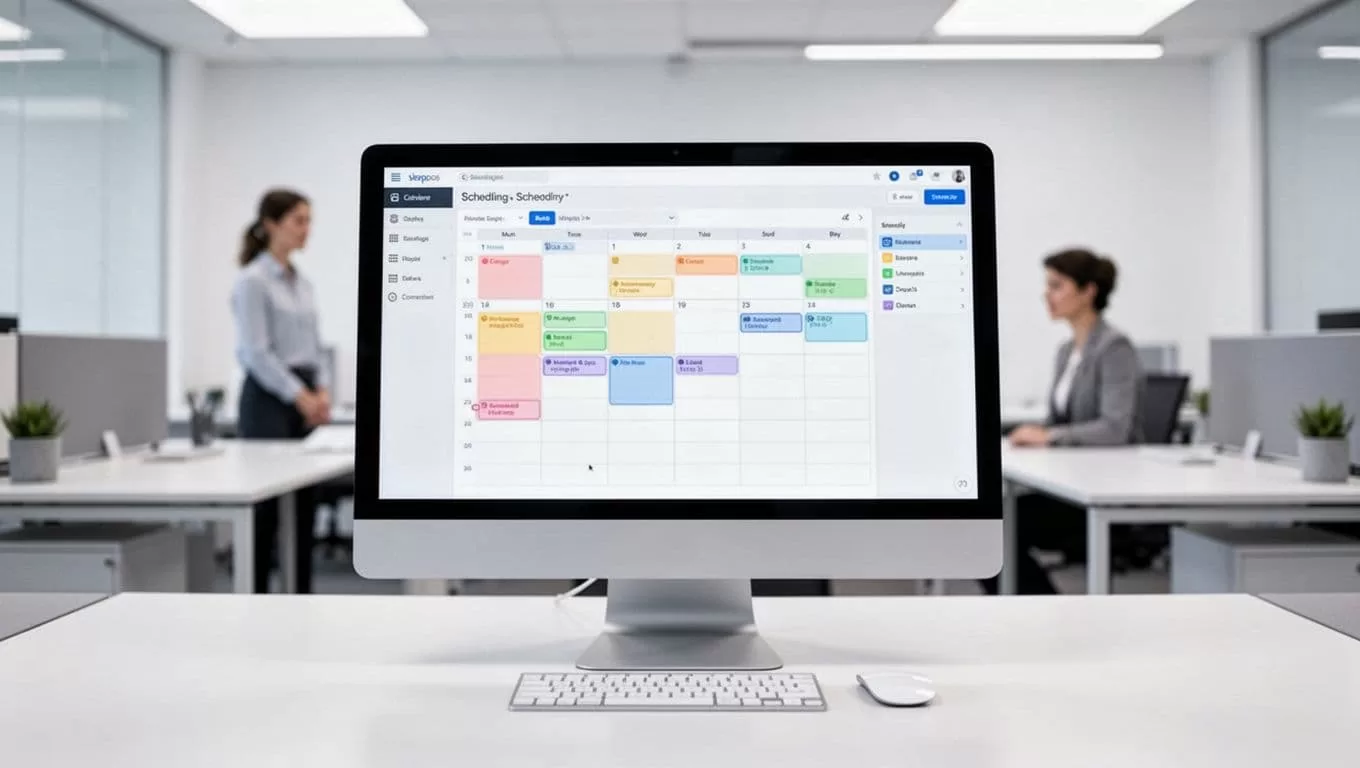 Desktop monitor showing a scheduling calendar beneath a green Setup Workflow banner in a bright office.