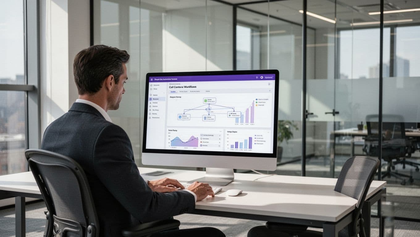An operations manager reviews automated call routing and support tasks on a modern dashboard.