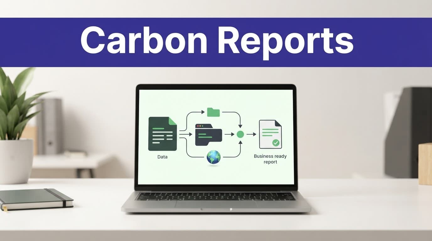 Laptop beside connected emissions shapes and a globe under a Carbon Reports banner.